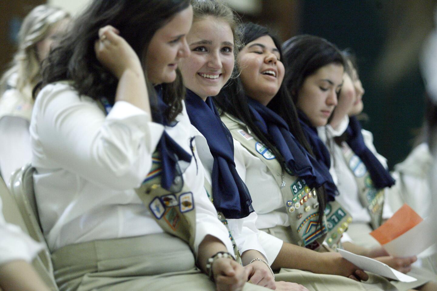 Courney De Paoli, 18, listens to speeches during rehearsal for Girl Scout Gold Awards, which took place at the Latter-day Saints church in La Canada on Friday, May 10, 2013. (Cheryl A. Guerrero/Staff photographer)