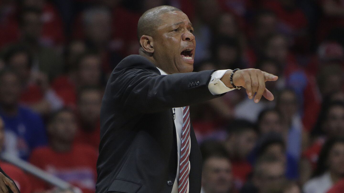 Clippers Coach Doc Rivers instructs his players during his team's 111-109 win over the San Antonio Spurs in Game 7 of the Western Conference quarterfinals at Staples Center on May 2, 2015.