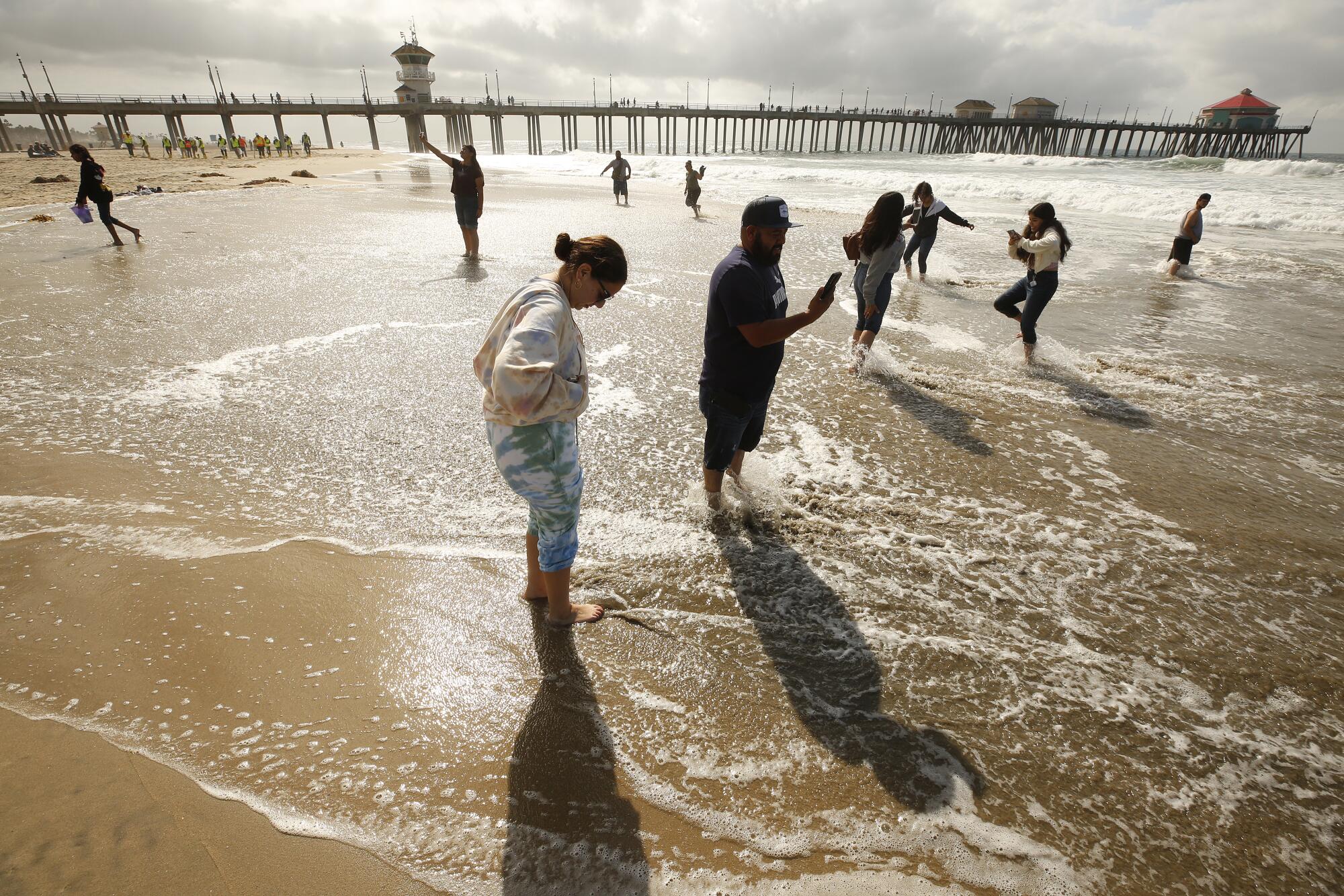 A family wade into shallow water at the beach 