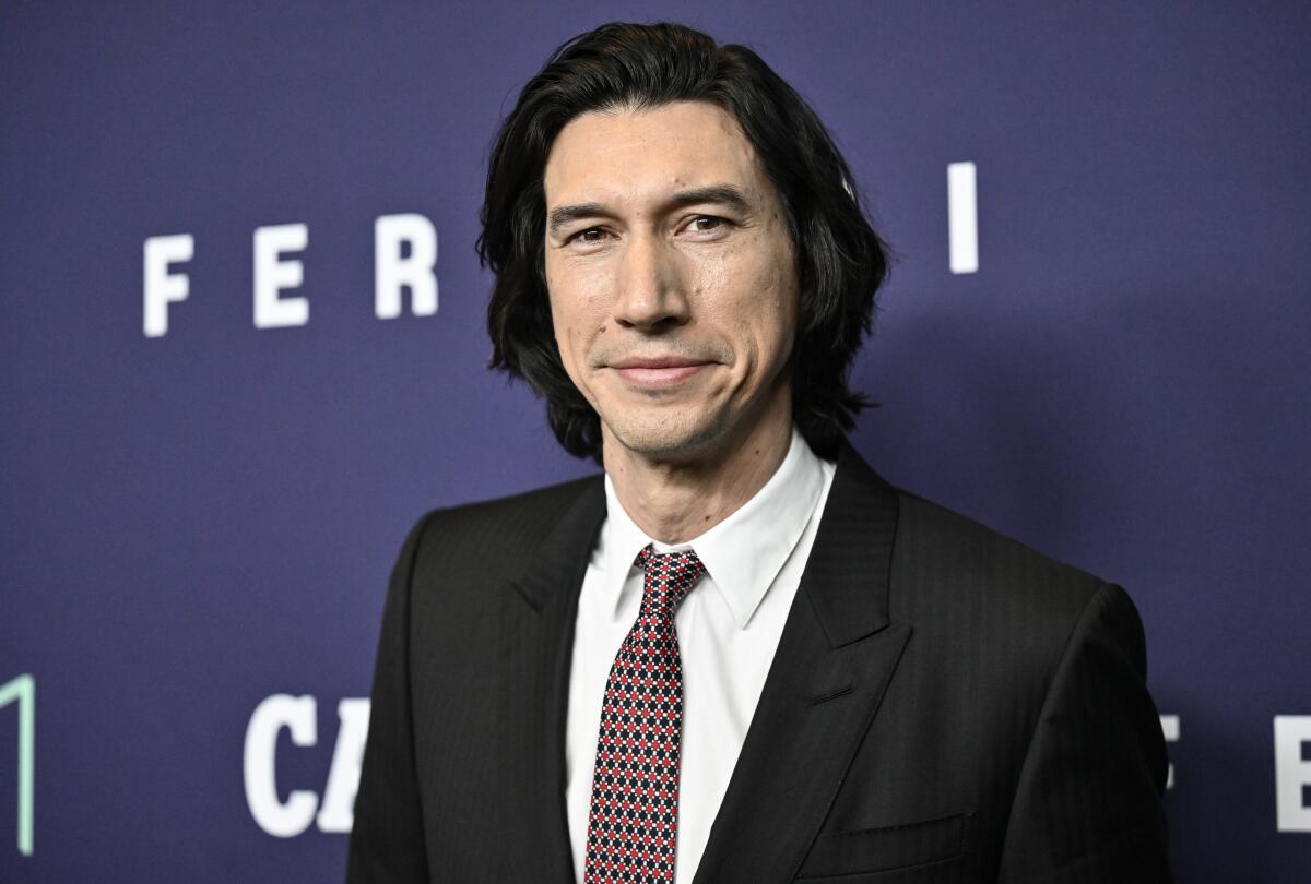 Adam Driver wears a black suit with a white collared shirt and red and black tie as he poses for photos