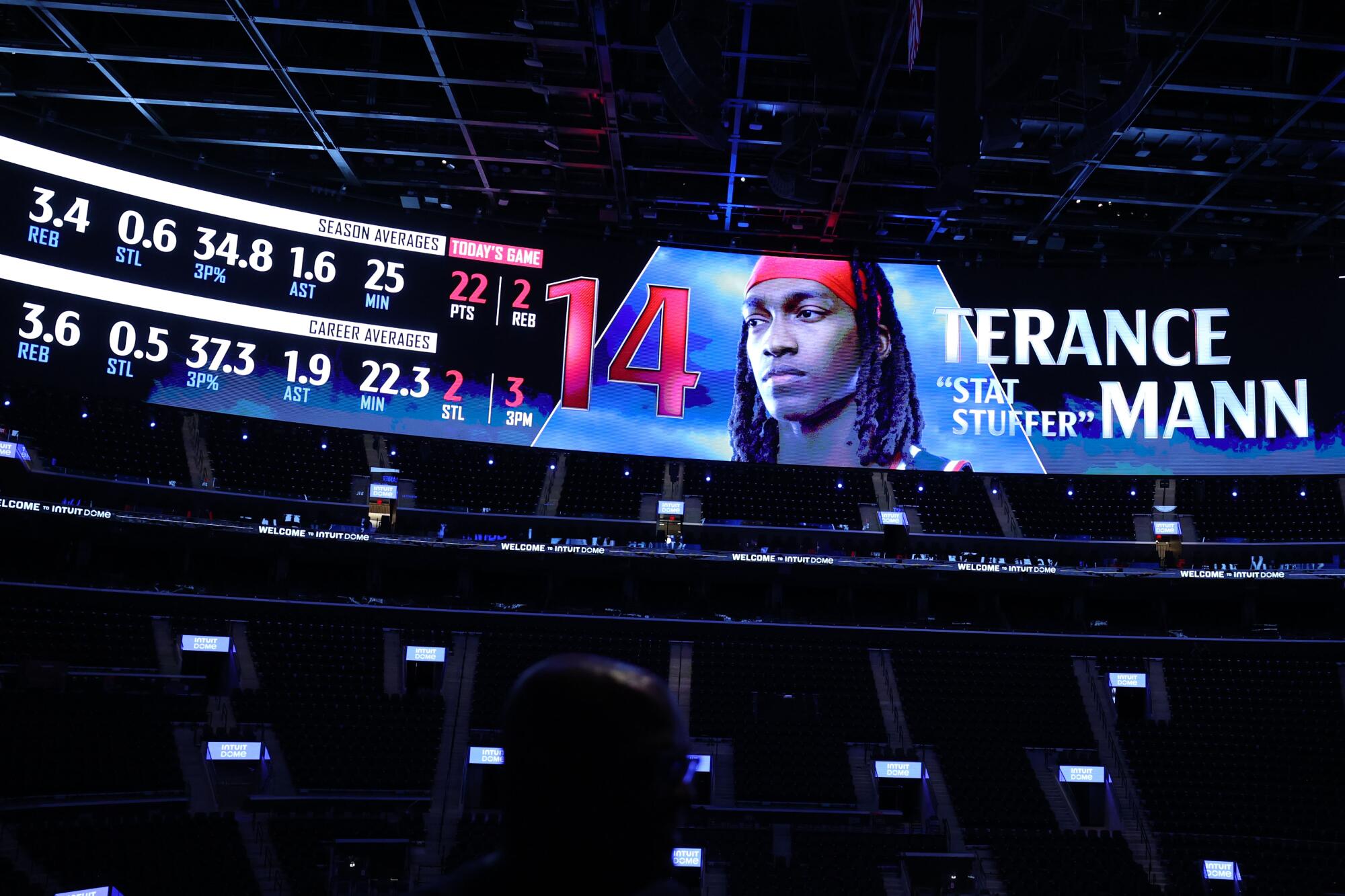 Inside the Intuit Dome arena, a monumental ring of dual-sided LED screens hovers over a basketball court.