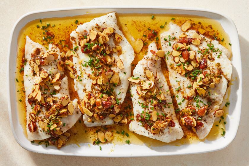 Fish almondine, a nutty variation on a French classic, sole meuniere.