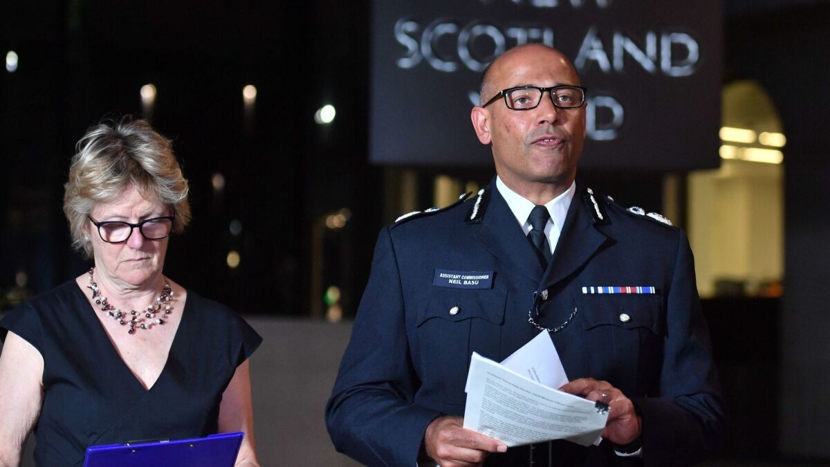 Britain's head of counterterrorism policing Neil Basu and chief medical officer for England Dame Sally Daviesat a news conference at New Scotland Yard in London on July 4.