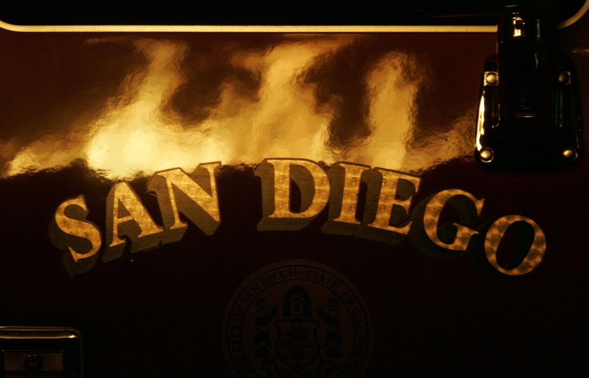 The reflection in a San Diego fire truck.