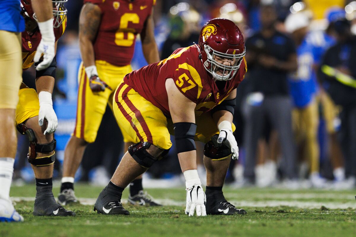 USC offensive lineman Justin Dedich lines up during a win over UCLA at the Rose Bowl on Nov. 19.