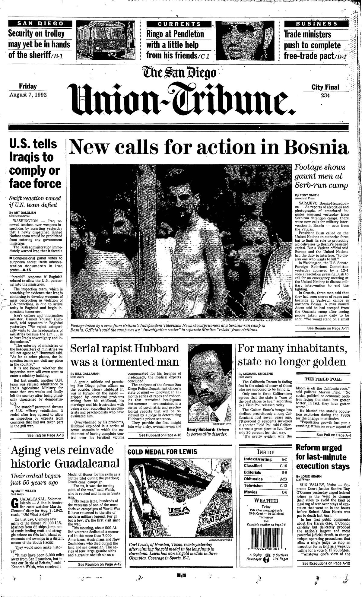 Front page of The San Diego Union-Tribune, Friday, Aug. 7, 1992.