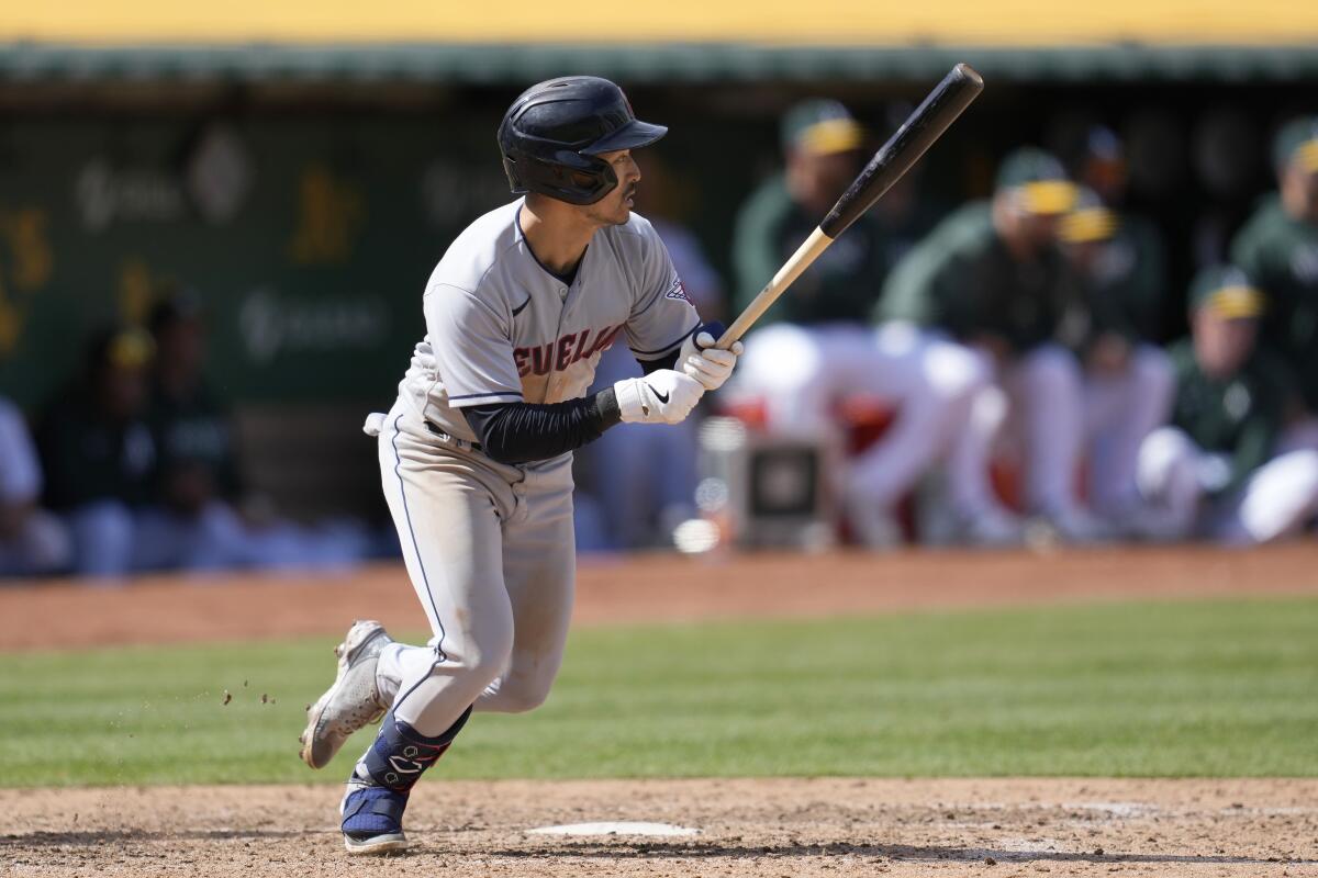 Cleveland Guardians' Steven Kwan looks on during the fifth inning