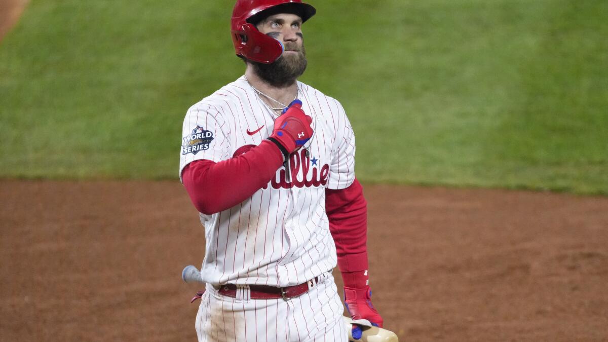 Phillies' Bryce Harper hit on surgically repaired elbow by pitch, leaves  game - The San Diego Union-Tribune