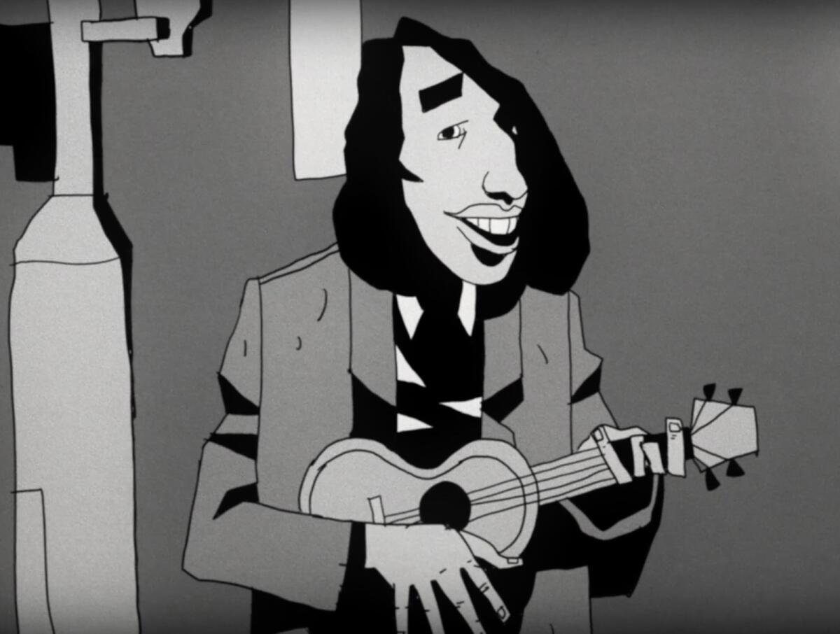 A drawn, black and white image of performer Tiny Tim playing a ukulele.