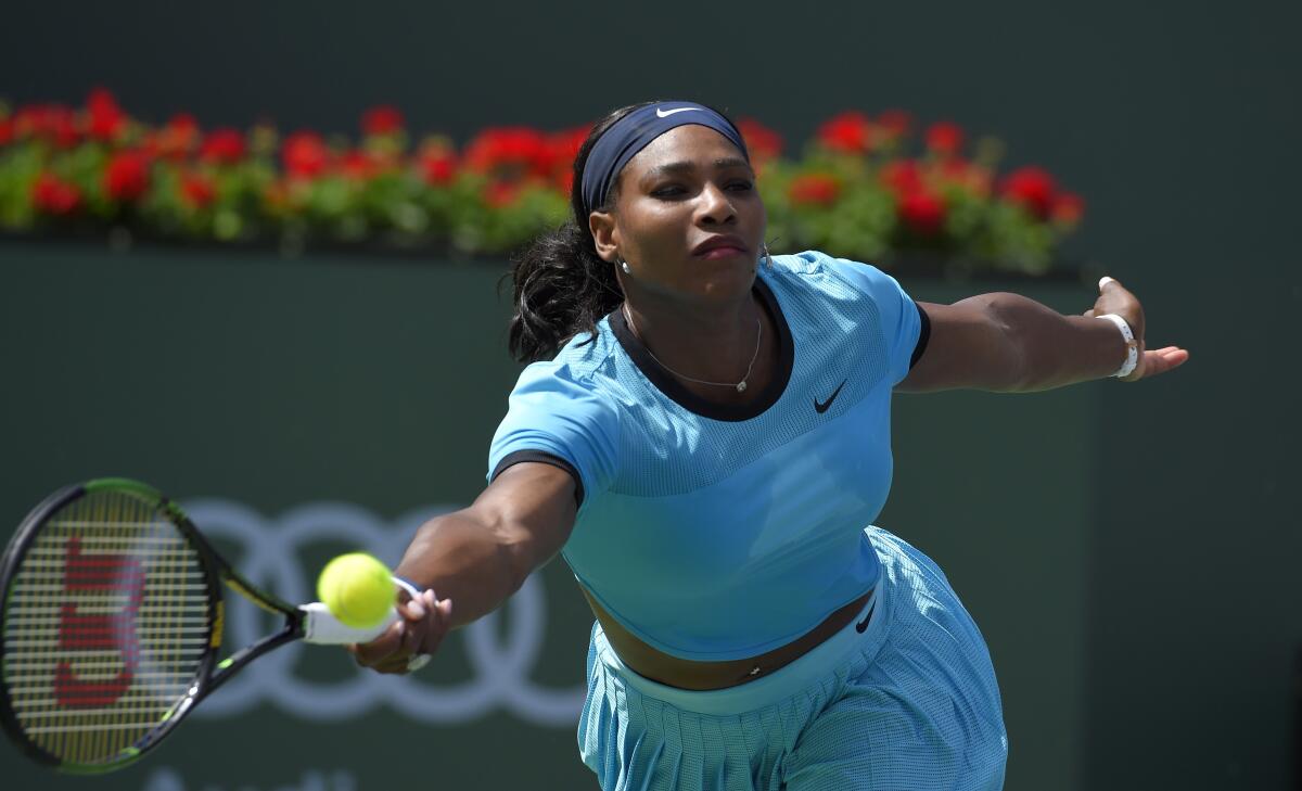 Serena Williams hits a return during a match against Victoria Azarenka in March 2016.