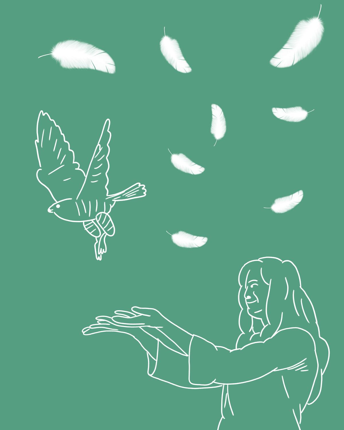 Illustration of a girl releasing a falcon