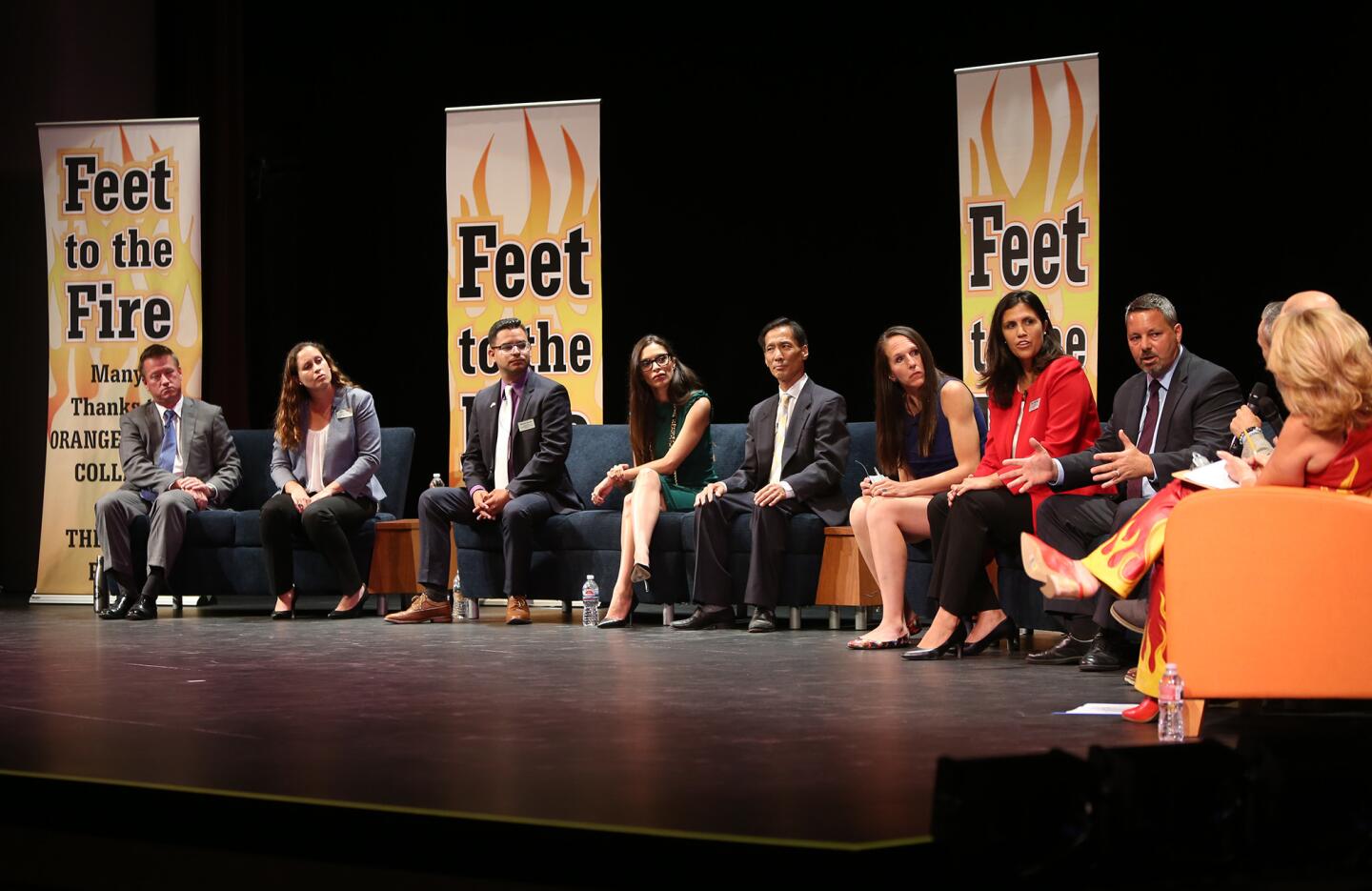 Costa Mesa City Council candidates answer questions about the homelessness issue during Monday night's Feet to the Fire forum in the Robert B. Moore Theatre at Orange Coast College.
