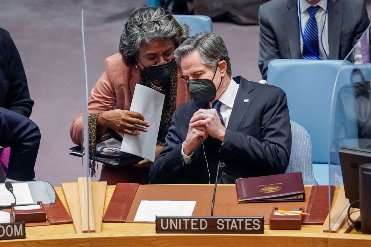 U.S. Secretary of State Antony J. Blinken confers with U.S. Ambassador to the United Nations Linda Thomas-Greenfield.