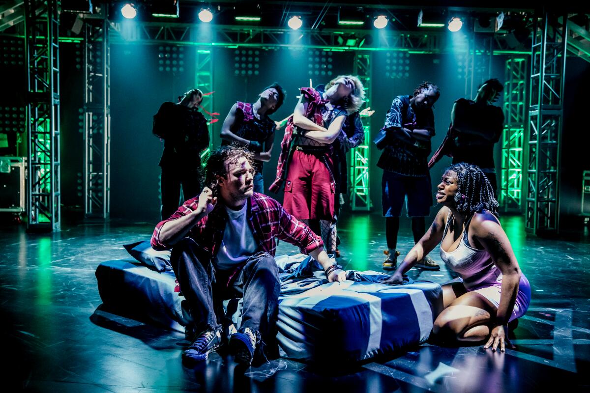 Daniel Durant and Mars Storm Rucker, center, and the cast of Green Day's "American Idiot" at the Mark Taper Forum.