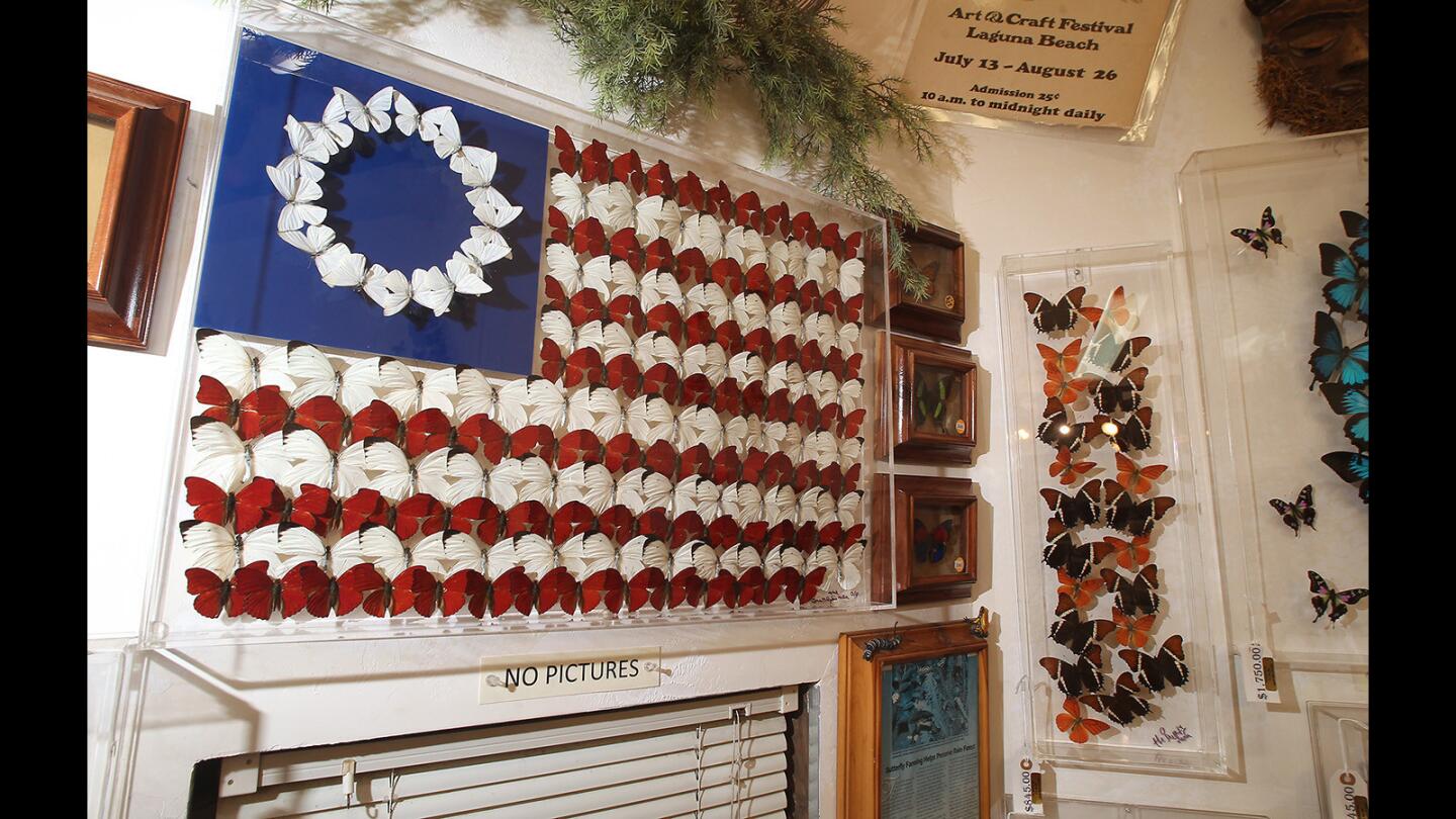 Longtime exhibitor Ken Denton created an American flag out of butterflies which hangs in his booth at the Sawdust Festival. The Nixon Library has become interested in including it as part of an exclusive show.