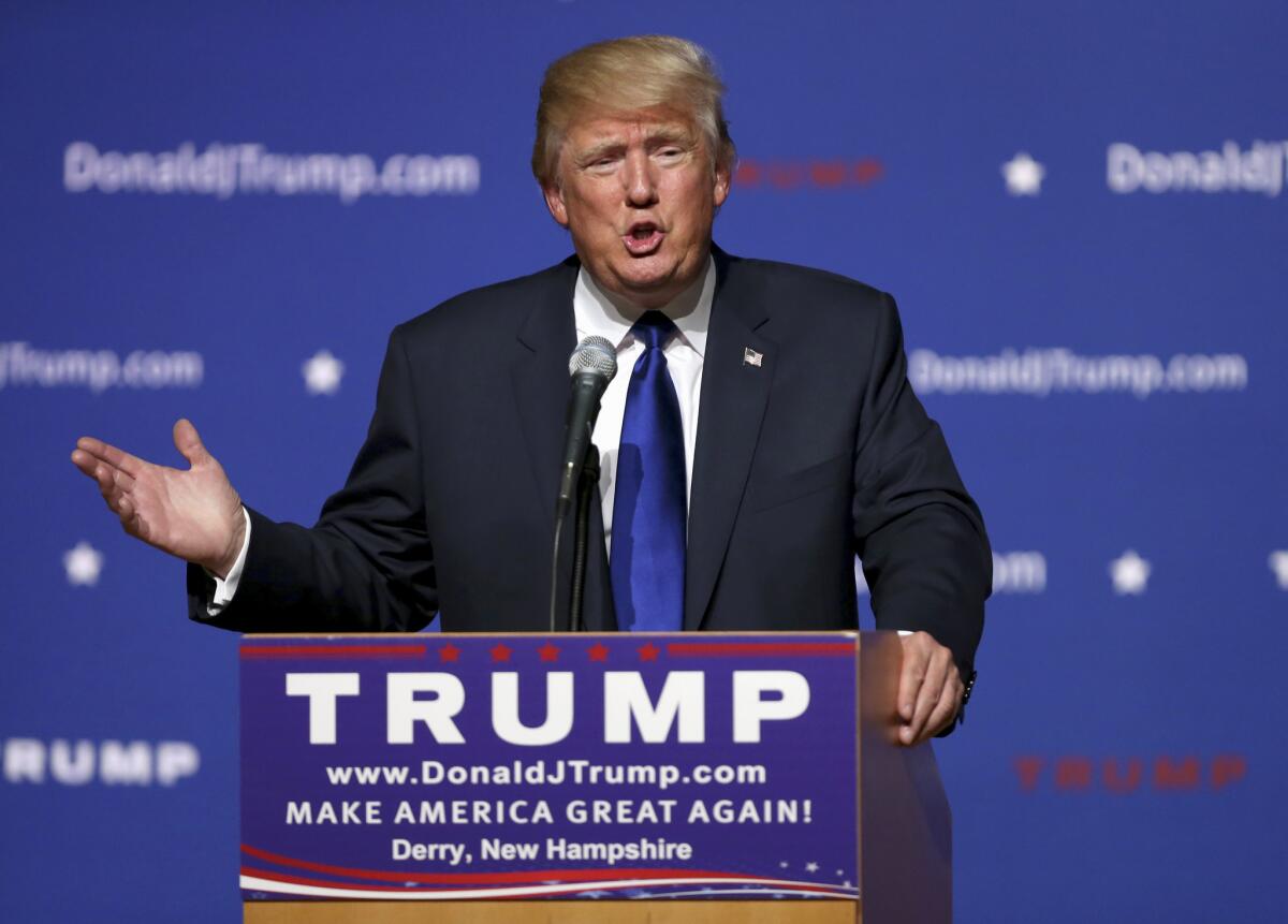 Republican presidential candidate Donald Trump speaks in Derry, N.H.