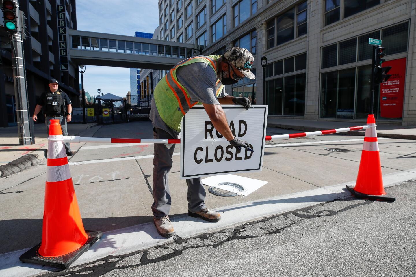 A city worker outside the Wisconsin Center ahead of the Democratic National Convention in Milwaukee on Monday, the opening day of the convention.