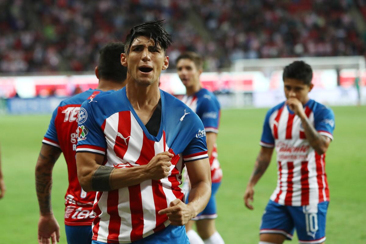 ZAPOPAN, MEXICO - SEPTEMBER 24: Alan Pulido #09 of Chivas celebrates after scoring the second goal of his team during the 11th round match between Chivas and Pachuca as part of the Torneo Apertura 2019 Liga MX at Akron Stadium on September 24, 2019 in Zapopan, Mexico. (Photo by Refugio Ruiz/Getty Images) ** OUTS - ELSENT, FPG, CM - OUTS * NM, PH, VA if sourced by CT, LA or MoD **