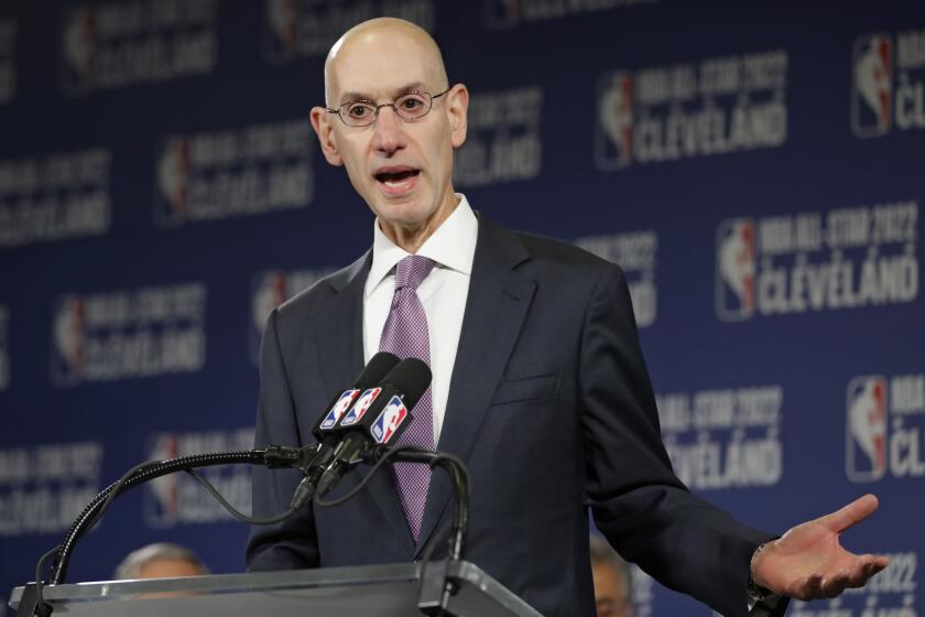 NBA Commissioner Adam Silver announces that the Cleveland Cavaliers will host the 2022 NBA All Star game, Thursday, Nov. 1, 2018, in Cleveland. The 71st NBA All-Star game will take place at Quicken Loans Arena. The Cavaliers previously hosted the NBA All-Star game in 1997, when the NBA celebrated its 50th anniversary, and in 1981. (AP Photo/Tony Dejak)