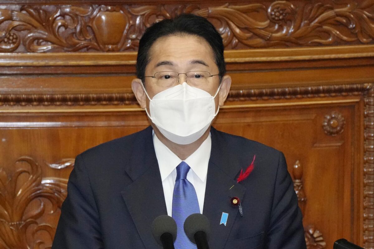 Japan’s Prime Minister Fumio Kishida delivers a policy speech in Tokyo Monday, Oct. 3, 2022. (Sadayuki Goto/Kyodo News via AP)