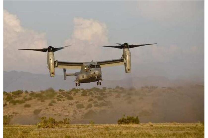 An Osprey aircraft like the one shown here crashed in Hawaii in May during a predeployment exercise for a unit from Camp Pendleton. Two Marines were killed.