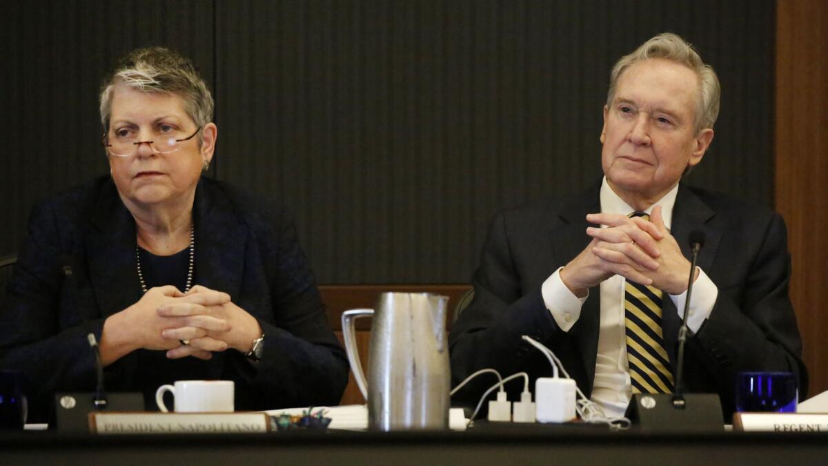 University of California President Janet Napolitano and Board of Regents Chair George Kieffer listen to speakers during a regents meeting at UCLA.