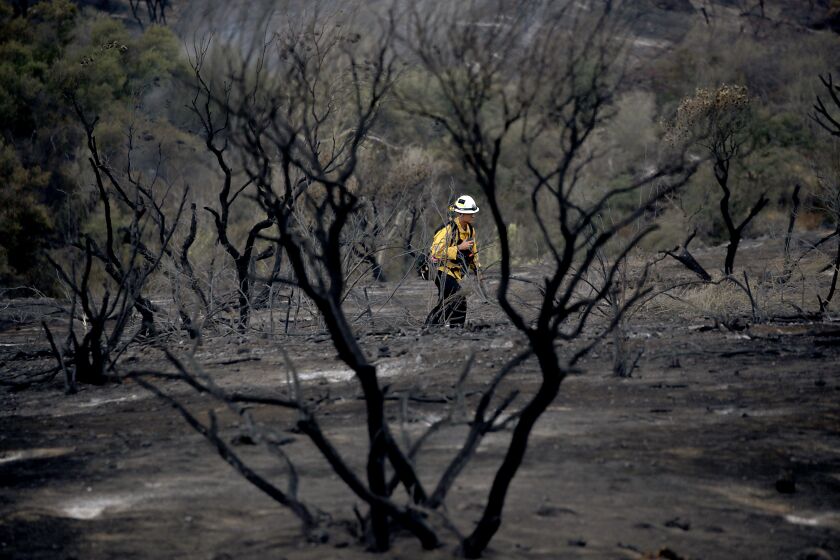 HEMET, CAL;IF. - SEP. 9, 2022. A firefighter walks through the burn zone of the. Fairview fire near Hemet on Friday, Sep. 9, 2022. Light rain and higher humidity gave firefighters a chance to get more containment around the fire, which has burned about 28,000 aces in and around the San Bernardino National Forest. (Luis Sinco / Los Angeles Times)