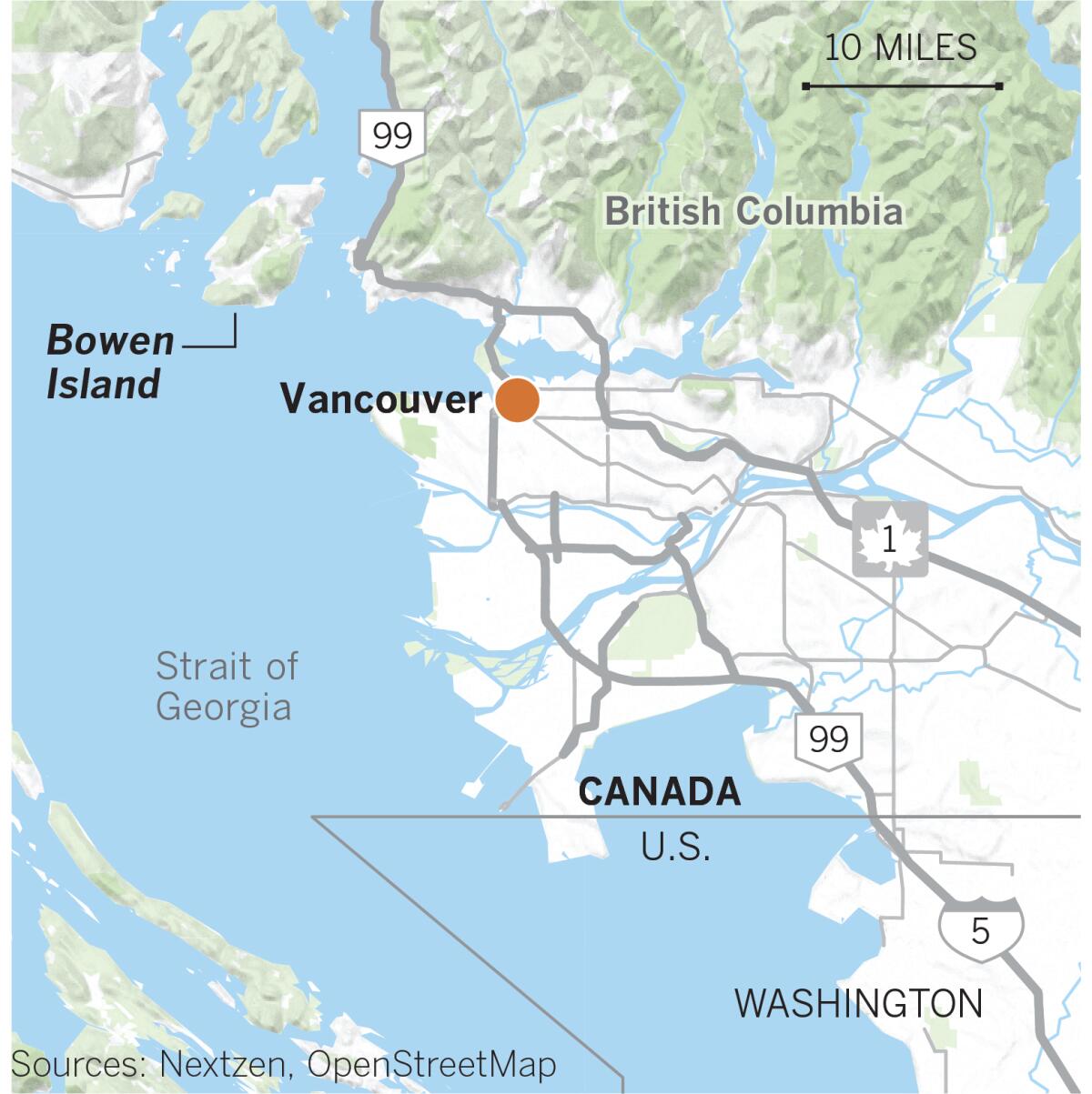 Map of Bowen Island, British Columbia, and Vancouver.