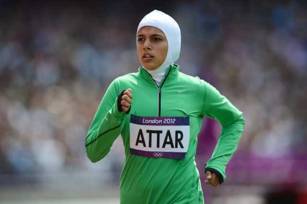 Saudi Arabia's Sarah Attar competes in a women's 800-meters heat.