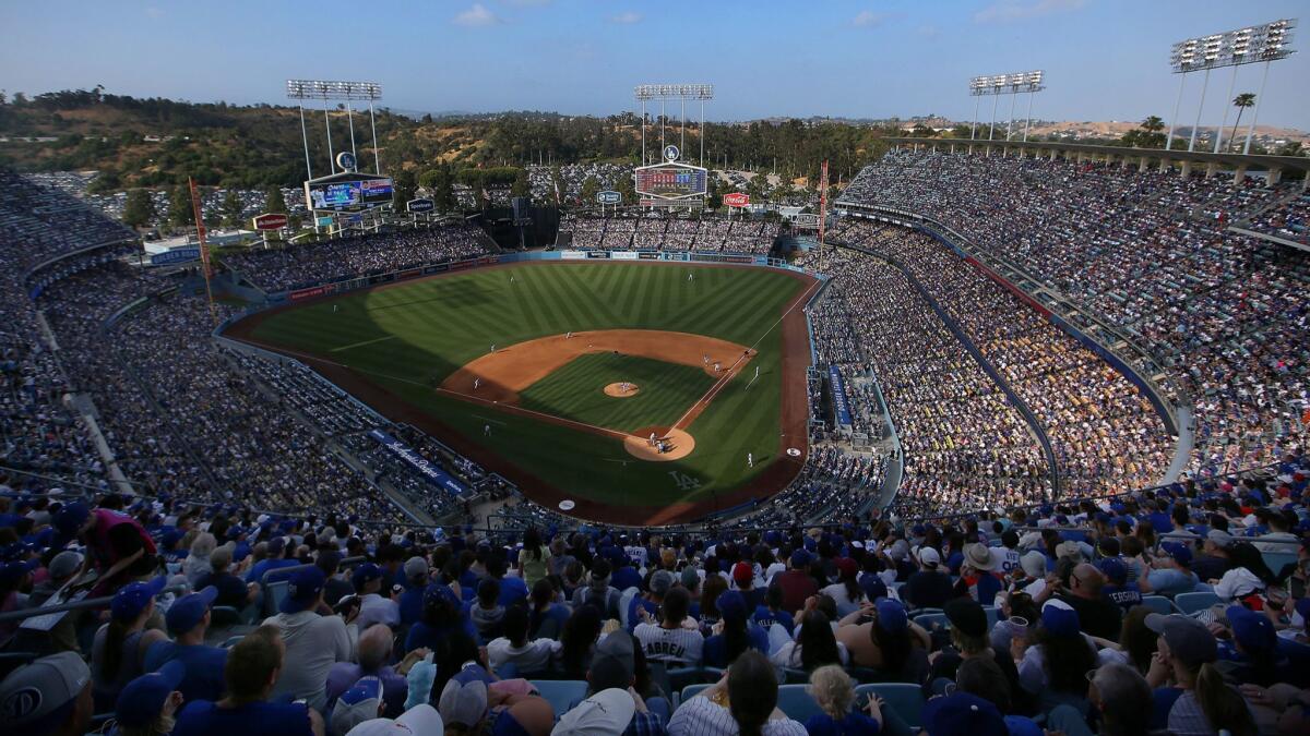 A general view of sixth-inning game action is seen from the upper deck during a game between the Chicago Cubs and the Dodgers at Dodger Stadium on Sunday.