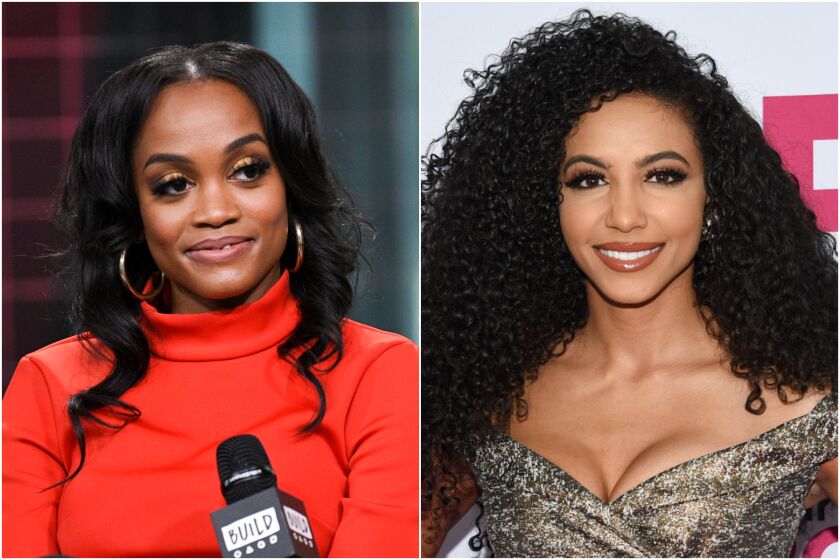 A split image of Rachel Lindsay wearing a read sweater, left, and Cheslie Kryst wearing a gold dress