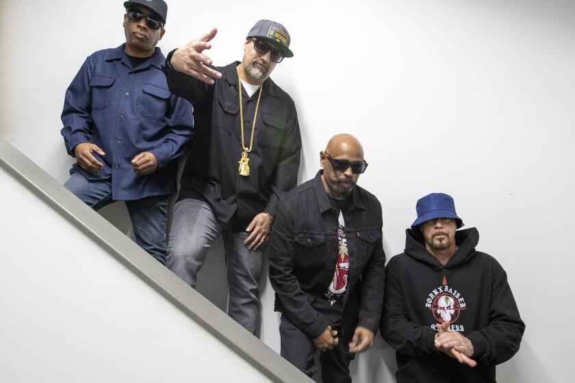 Los Angeles, California - April 12: Hip hop group Cypress Hill members, Eric Bobo, B-Real, Sen Dog and DJ Muggs photographed at their studio Tuesday, April 12, 2022 in Los Angeles, California. (Brian van der Brug / Los Angeles Times)