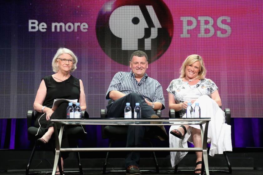 "Sherlock" producer Rebecca Eaton, left, writer-producer Steven Moffat and his wife and executive producer Sue Vertue at the summer TCA press tour at the Beverly Hilton Hotel