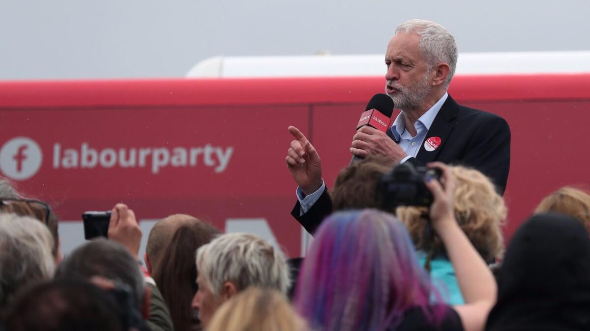 Britain's main opposition Labor Party leader, Jeremy Corbyn, speaks during a general election campaign event in Blythe, northeast England, on June 5, 2017.