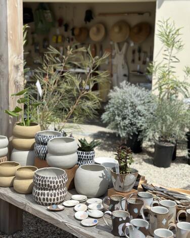 Ceramics and plants on display at a nursery.