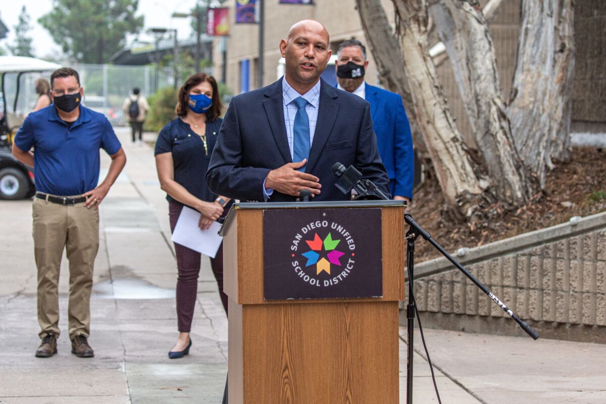 San Diego Unified's interim Superintendent Lamont Jackson gave a press conference on at Mira Mesa High Aug. 30. 