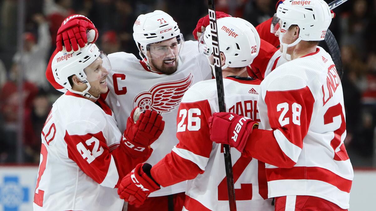 Larkin's first career hat trick powers Red Wings past Devils - The San  Diego Union-Tribune