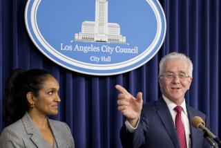 Los Angeles, CA - November 29: Los Angeles City Council President Paul Krekorian, right, and Councilmember Nithya Raman, left, talk about an upcoming vote to send an independent redistricting proposal to the November 2024 ballot during a press conference on Wednesday, Nov. 29, 2023 in Los Angeles, CA. (Brian van der Brug / Los Angeles Times)
