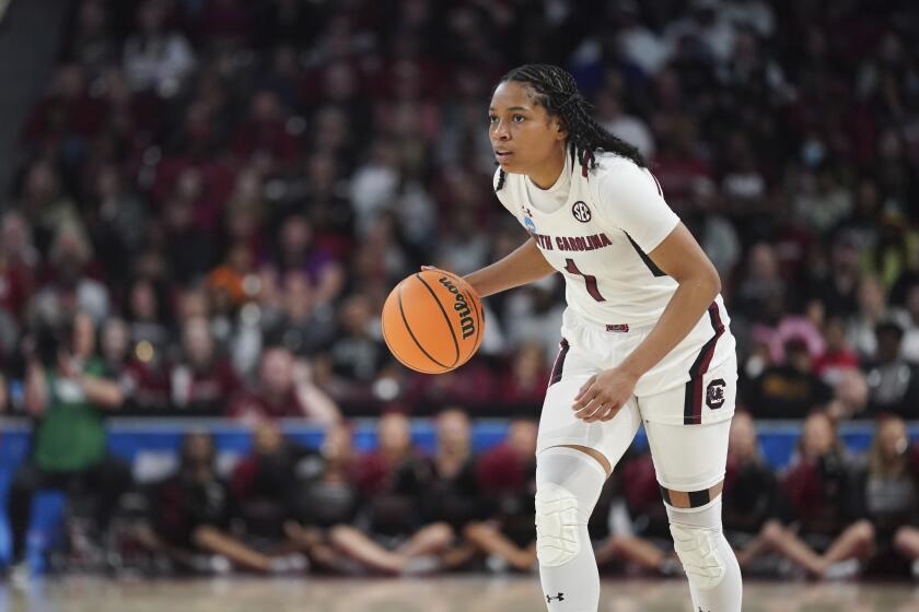 South Carolina guard Zia Cooke dribbles the ball during the first half of a second-round college basketball game against South Florida in the NCAA Tournament, Sunday, March 19, 2023, at Colonial Life Arena in Columbia, S.C. (AP Photo/Sean Rayford)