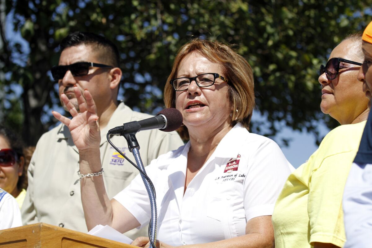 The AFL-CIO's Maria Elena Durazo speaks at a 2014 rally in favor of L.A. Mayor Eric Garcetti's plan to raise the minimum wage.