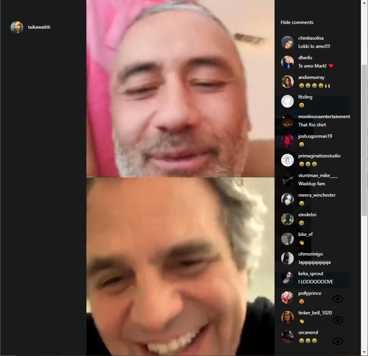 Screenshot of Taika Waititi and Mark Ruffalo during an Instagram Live chat.