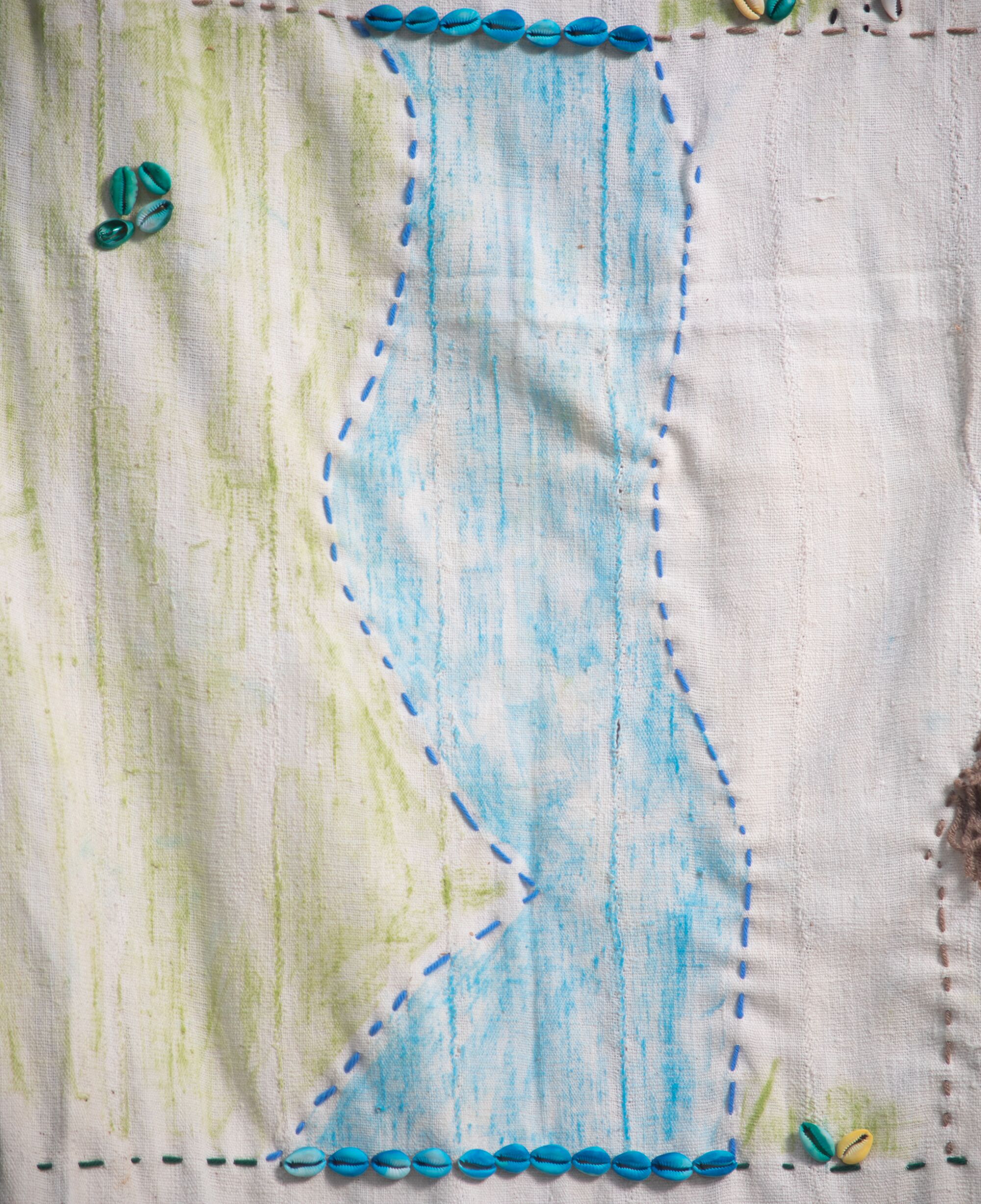 A detail of a textile showing a flowing river.