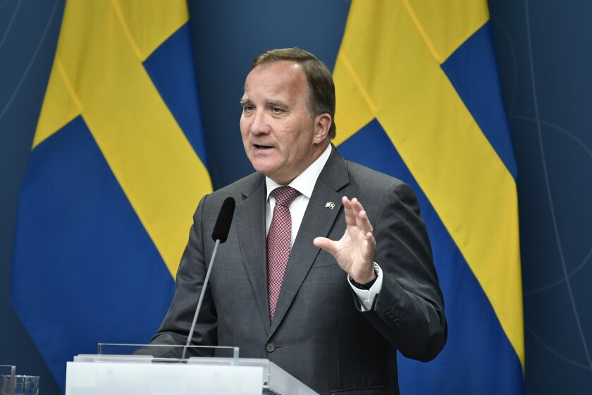 Sweden's Prime Minister Stefan Lofven speaks during a media conference at Rosenbad in Stockholm, Sweden, Thursday June 16, 2021. Lofven said Thursday he will wait to learn the outcome of a no-confidence vote and then “think through what is best" for the country, after The Left Party said this week that it had lost confidence in the Prime Minister. (Janerik Henriksson/TT via AP)