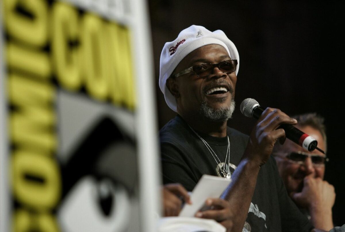 Samuel L. Jackson answers a fans' question during a panel for "Snakes on a Plane at 2006's San Diego Comic Con.