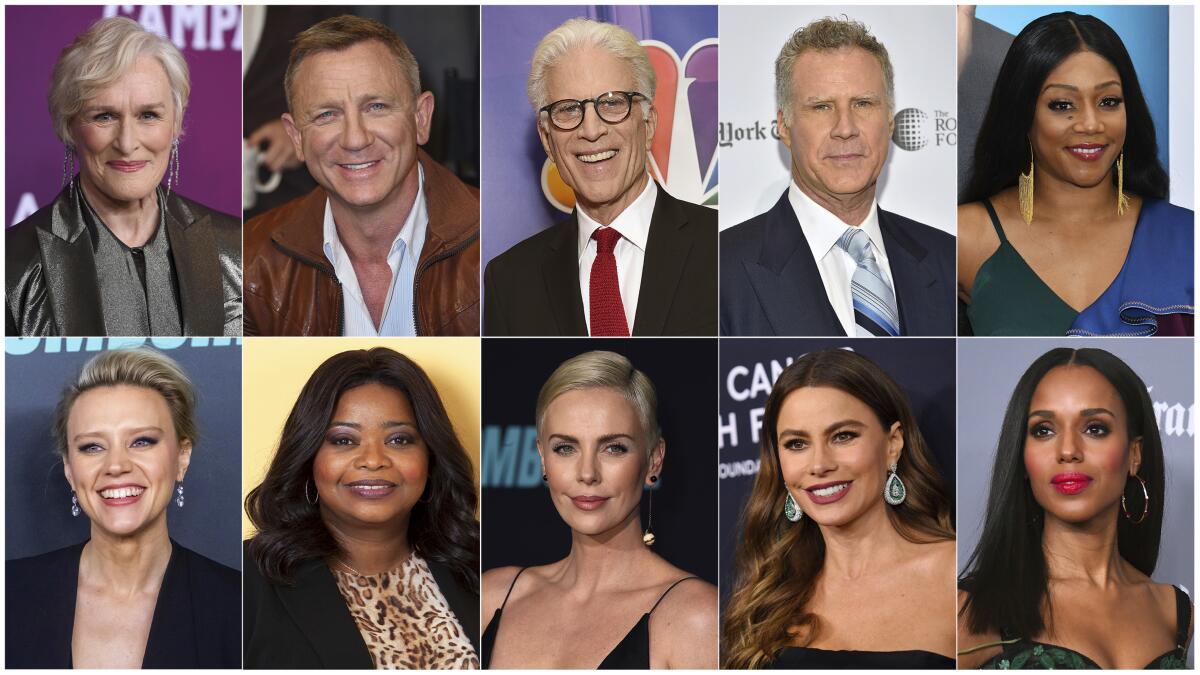 Presenters at the 2020 Globes will include, from top left, Glenn Close, Daniel Craig, Ted Danson, Will Ferrell, Tiffany Haddish, Kate McKinnon, Octavia Spencer, Charlize Theron, Sofia Vergara and Kerry Washington.