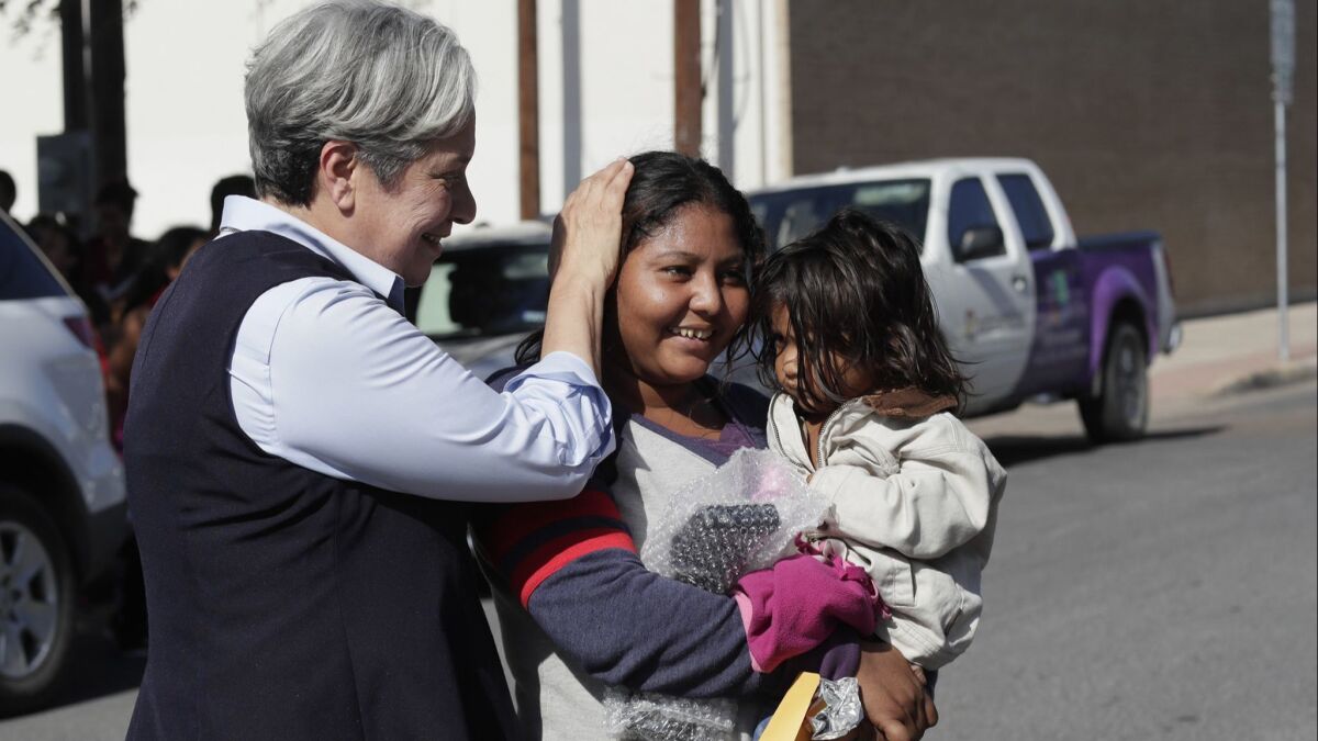 Sister Norma Pimentel greets migrant families as they arrive at the Catholic Charities respite center after being released from a Border Patrol detention facility in June.