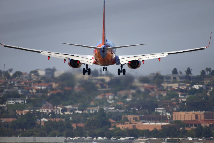 A Southwest Airlines jet comes in for a landing at San Diego International Airport on August 27, 2019.