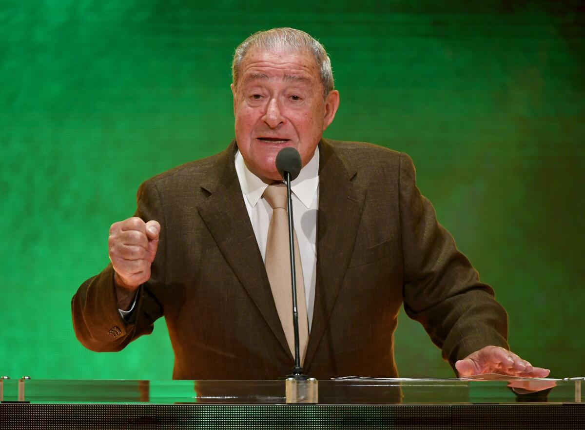 LAS VEGAS, NEVADA - OCTOBER 11: Top Rank Founder and CEO Bob Arum speaks at a WWE news conference at T-Mobile Arena on October 11, 2019 in Las Vegas, Nevada. It was announced that WWE wrestler Braun Strowman will face heavyweight boxer Tyson Fury and WWE champion Brock Lesnar will take on former UFC heavyweight champion Cain Velasquez at the WWE's Crown Jewel event at Fahd International Stadium in Riyadh, Saudi Arabia on October 31. (Photo by Ethan Miller/Getty Images) ** OUTS - ELSENT, FPG, CM - OUTS * NM, PH, VA if sourced by CT, LA or MoD **