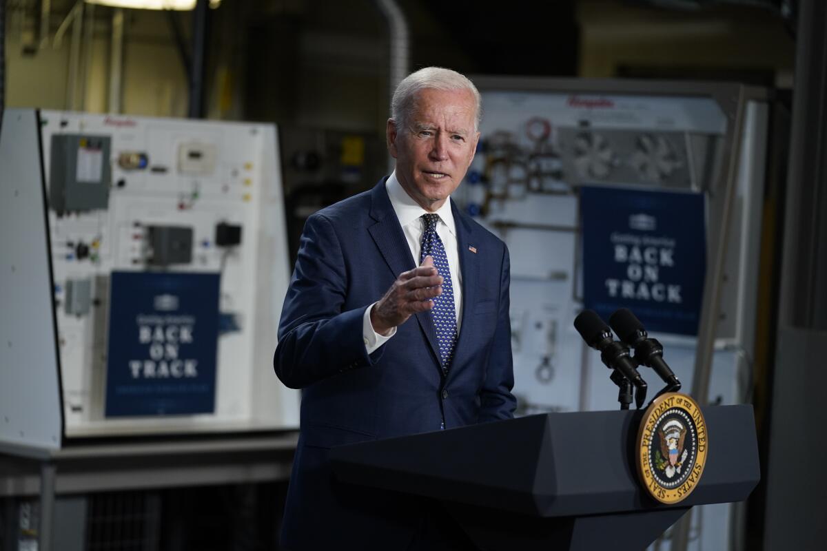 President Joe Biden speaks at Tidewater Community College, Monday, May 3, 2021, in Portsmouth, Va. Biden and the first lady are in coastal Virginia to promote his plans to increase spending on education and children, part of his $1.8 trillion families proposal announced last week. (AP Photo/Evan Vucci)