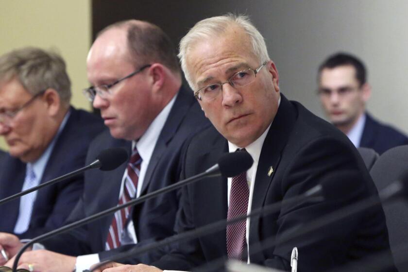 FILE - State Sen. Steve Nass, R-Whitewater, looks on during a hearing at the state Capitol in Madison, Wis., on Feb. 24, 2015. Wisconsin Republicans planned to vote Thursday, Jan. 12, 2023, to again allow therapists, social workers and counselors to try to change their LGBTQ clients’ gender identities and sexual orientations, a practice known as conversion therapy. (Amber Arnold/Wisconsin State Journal via AP, File)